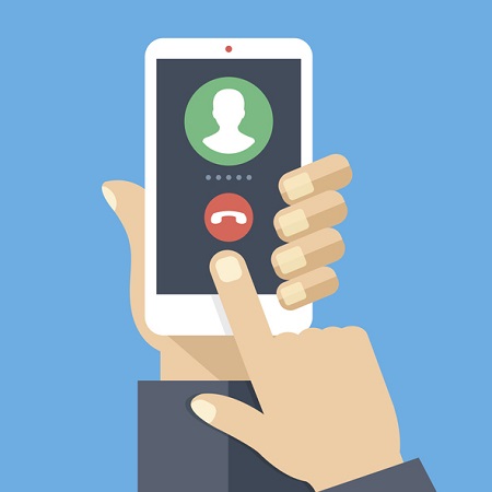 Outgoing call. White smartphone with call screen. Waiting for answer concept. Human hand holding cellphone, finger touching screen. Modern flat design vector illustration phone
